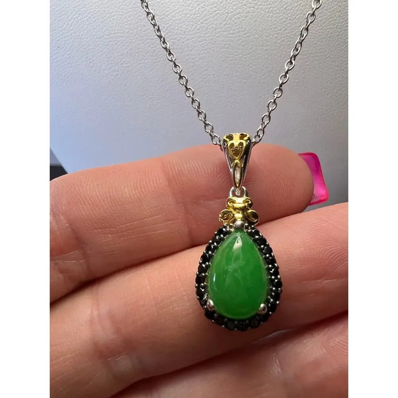 Jade and spinel teardrop sterling silver pendant and chain necklace - Picture 6 of 11